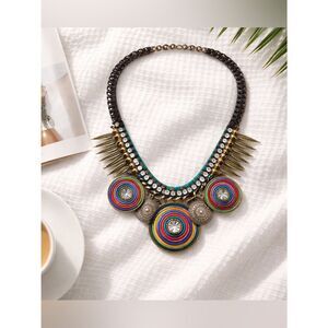 🛍️ ALDO bronze Boho bronze round, colorful rhinestone feather chain necklace